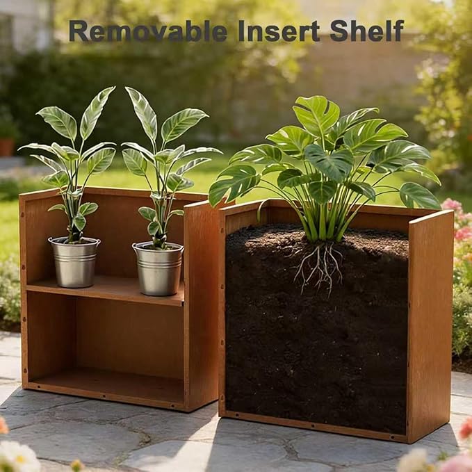 Corten Steel Planters - 24X12X24 inch Removable Insert Shelf for Garden Patio Ganeekiron