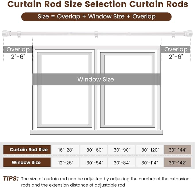 1” Diameter Curtain Rods Itself is 30 to 144 inch 1 Pack Fit 30-142 inch, 66 to 120 inch Window with Heavy Duty Adjustable Rod Matte White Splicing Metal Extra Long Curtain Rod for Windows Rootora