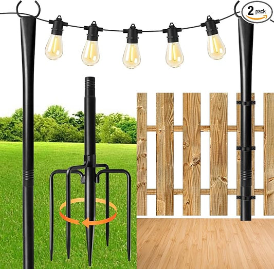 2 Pack 10FT Lighting Hanging Pole for Outside, Waterproof Hardened Metal Outdoor String Light Poles for Patio, Garden, Bistro, Wedding, Parties Rootora