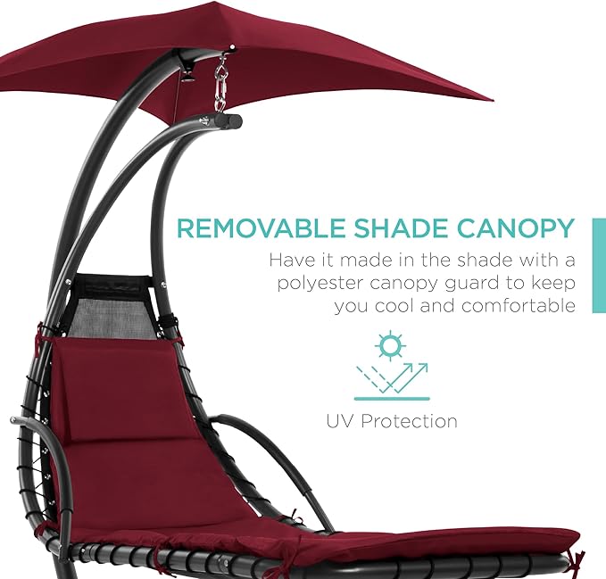 Best Choice Products Outdoor Hanging Curved Steel Chaise Lounge Chair Swing w/Built-in Pillow and Removable Canopy - Burgundy BestChoiceProducts