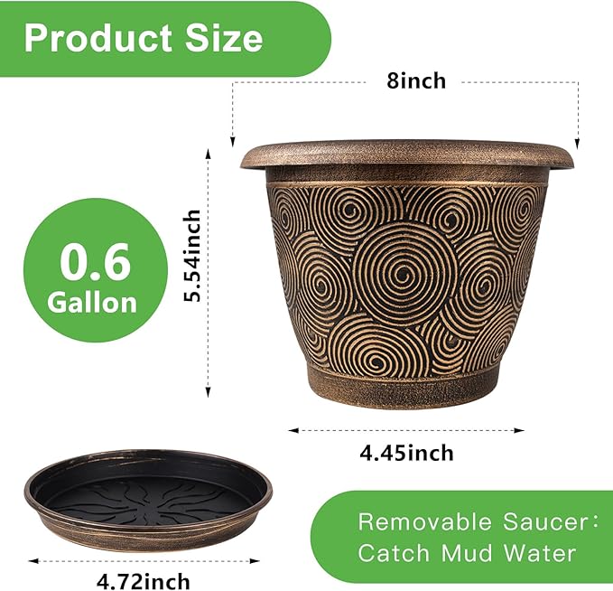 8 Inch Flower Pots Planters for Indoor Outdoor Plants, 4 Pack Plastic Small Plant Pots with Drainage Hole & Tray, Modern Decorative Garden Pot with Saucer, Plant Container for House Fodetyff