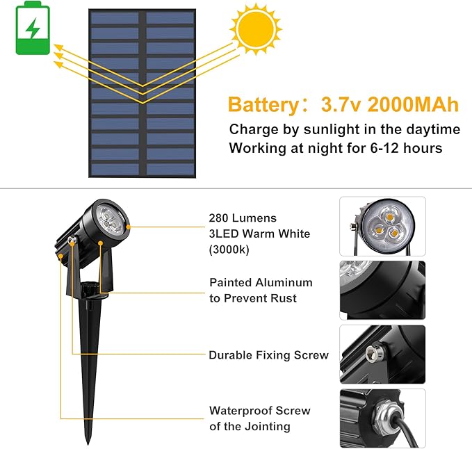 Solar Spot Lights Outdoor, Solar Landscape Spotlights IP65 Waterproof 9.8ft Cable,Auto On/Off Outdoor Wall Lights for Garden Yard Driveway Porch Walkway Pool (3000K Warm White) CREPOW