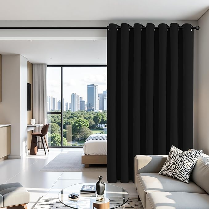 Joydeco Blackout Patio Sliding Door Curtains 84 Inches Long, Grommet Privacy Room Divider Curtains, Extra Wide Thermal Blackout Drapes for Bedroom Living Room (Black, 100Wx84L, 1 Panel) JOYDECO