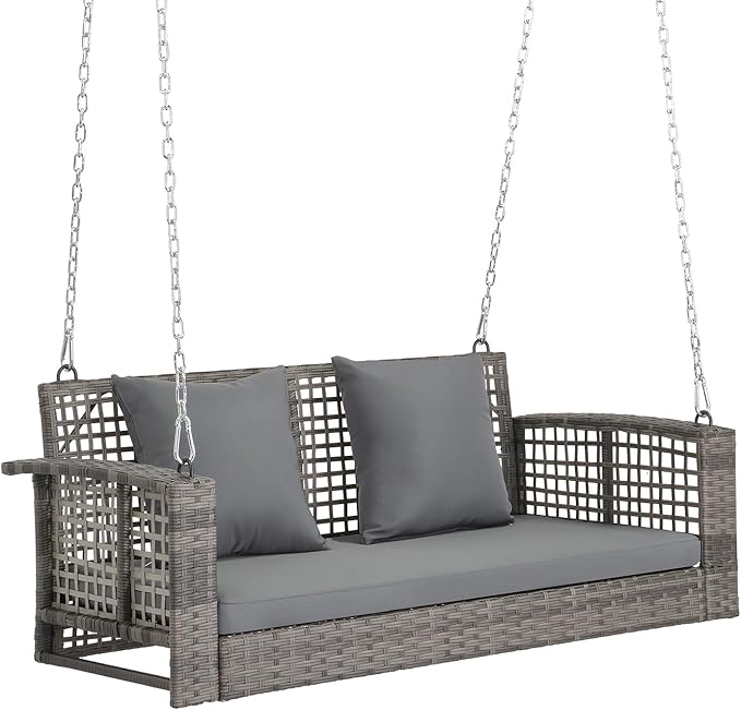 VINGLI 4 FT Rattan Porch Swing Outdoor Support 800 LBS with Cushions & Adjustable Chains, Patio Wicker Swing Bench Chair for Garden, Yard, Lawn, Tree, Grey VINGLI