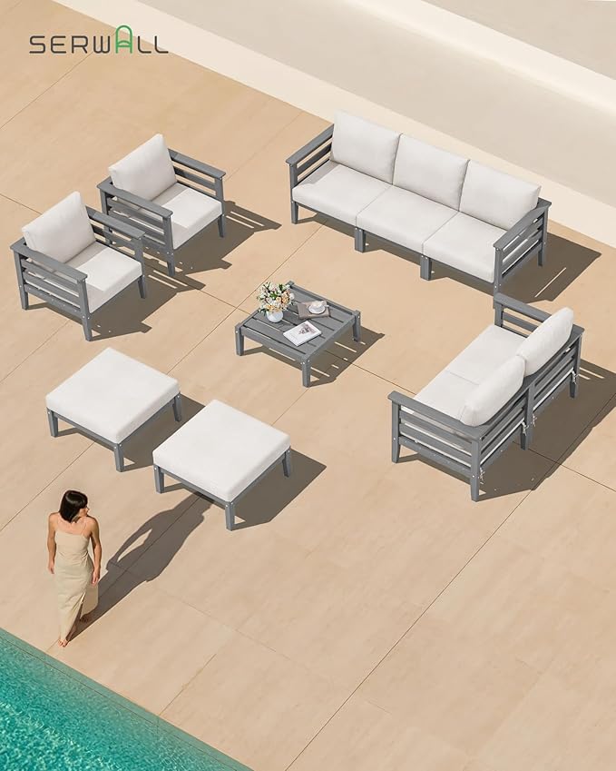 SERWALL HDPE Patio Furniture Set, 2 Pieces Outdoor Sectional Sofa Set, All-Weather Wood-Like Outdoor Sofa Couch with Coffee Table for Deck, Lawn, Grey Frame with Khaki Cushion SERWALL
