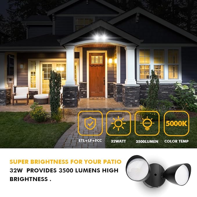 LUTEC 6222B-D2D 3500 Lumen 32 Watt Dusk to Dawn Dual-Head Flood Light Outdoor Waterproof Exterior Security Floodlight Light, Full Metal Design for Patio, Garden, Yard-Black LUTEC