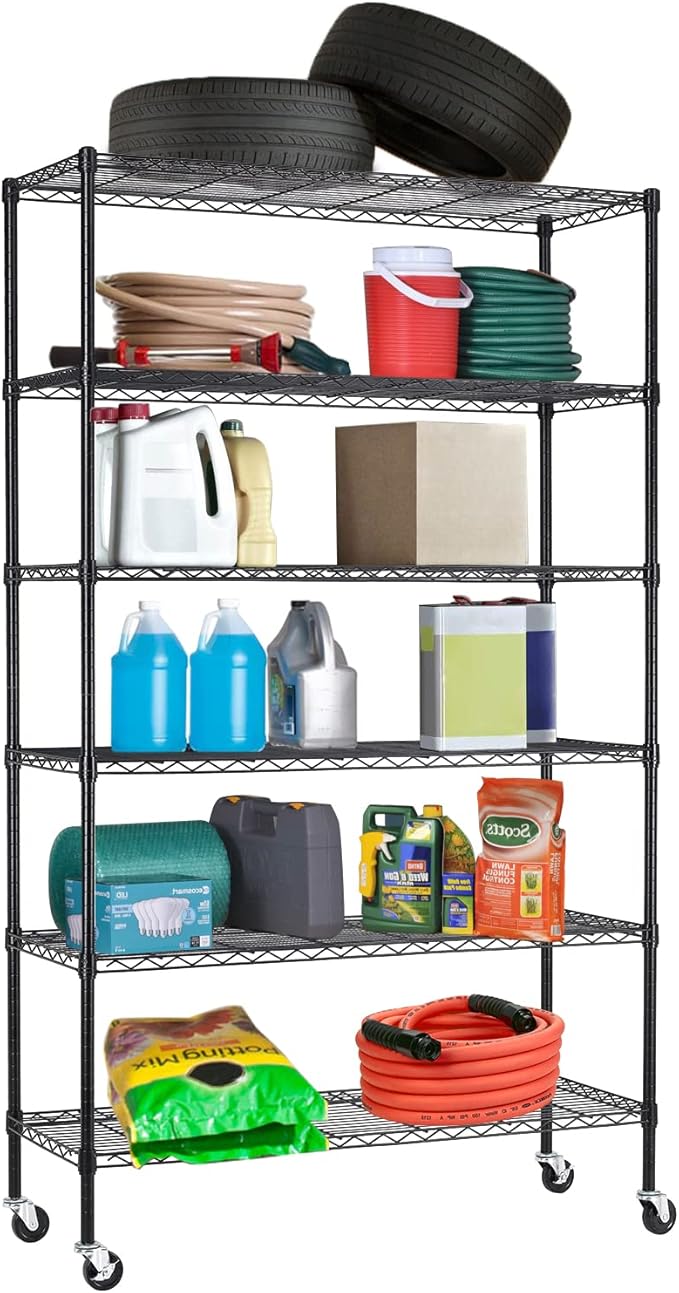 BestOffice | 6-Tier Wire Storage Shelves with Wheels | 18x48x82 | Black | Adjustable Racks | Heavy-Duty Metal Shelf, Holds Upto 510 lbs | No-Tool Assembly | Ideal for Home & Garage Shelving BestOffice