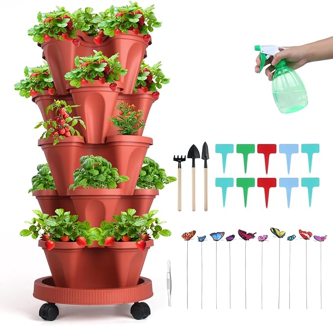 GameXcel Vertical Planter, 5 Tier Stackable Strawberry Planter with Garden Tool Set, Movable Indoor/Outdoor Garden Herb Pot for Growing Vegetables and Succulents, Red GameXcel