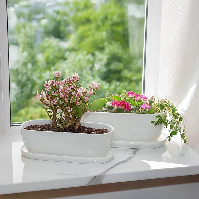E-liu Ceramic Plant Pots, 11+14 inch, Set of 2, Planters with Drainage Holes Saucers and Mesh Pads, Indoor Flower Succulent Pot with Hole Mesh Pad, Gifts for Mom, Plants Not Included Creatingwarmandrefinedlifestylekitchenandhomeessentials