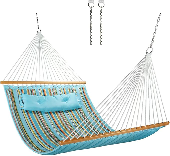 12 FT Double Quilted Fabric Hammock with Spreader Bars and Pillow 450 LBS Weight Capacity 2 Person Hammock for Outdoor Patio Backyard Poolside Blue Stripes CHULIM