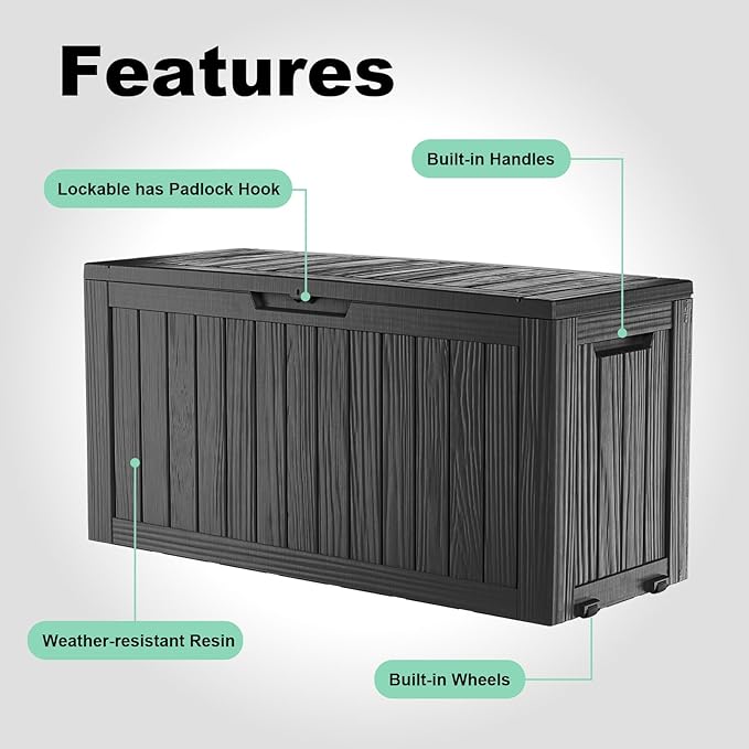 ROJIK Outdoor Storage Housing Deck Box - Waterproof Patio Furniture, Garden Tools, Cushions, Pool Accessories Storage Bench with Lockable Lid and Side Handles (Black 78 Gal) ROJIK