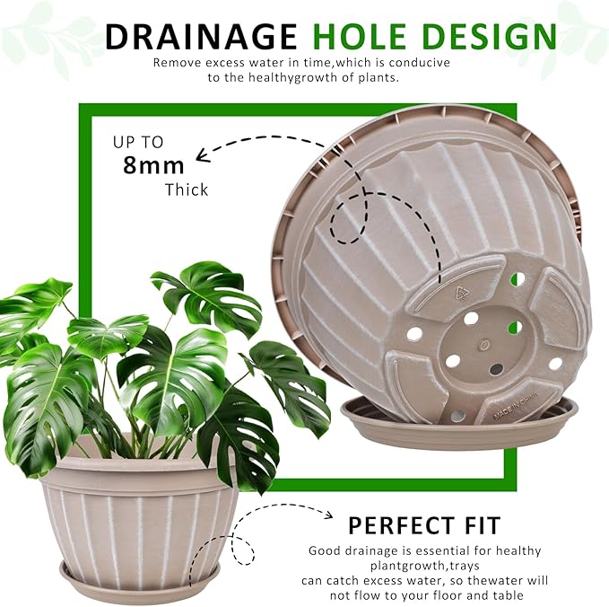 FGstyle 4 Pack 16 inch Plant Pots, Retro Vertical Stripe Planters with Drainage Holes and Saucer, Sturdy Plastic Garden Flower Pots for Indoor & Outdoor Plants(Beige) FGstyle