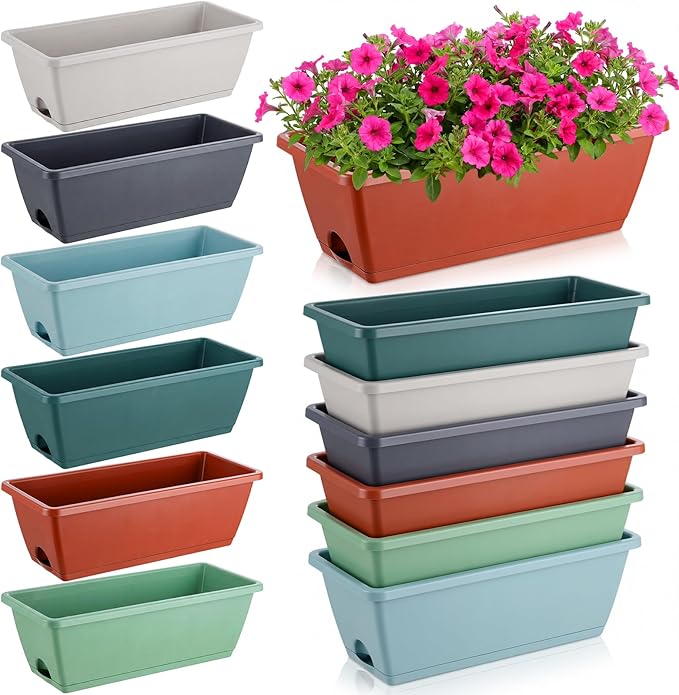 12 Pack Window Box Planter 17 Inches Rectangular Vegetable Flower Planters with Drainage Holes and Saucers Plastic Flower Pots Coloful Herb Planter for Indoor Outdoor Patio Garden Home Decor Purpeak