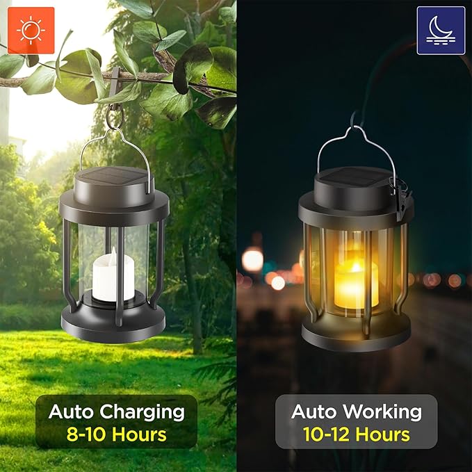 Solar Lantern Outdoor & Indoor Use – Hanging Solar Lights with Realistic Flickering Flameless Candle, Weatherproof for Gardens, Patios, Trees, and Lawns (Black, 4 Pack) Rootora