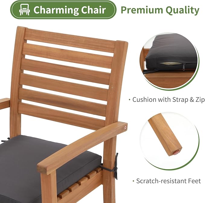 OC Orange-Casual Stackable Patio Dining Chairs Set of 6, Outdoor Acacia Wooden Chairs w/Armrest & Removeable Fabric Cushion, for Porch, Backyard, Garden, Indoor, Dark Grey OCOrange-Casual
