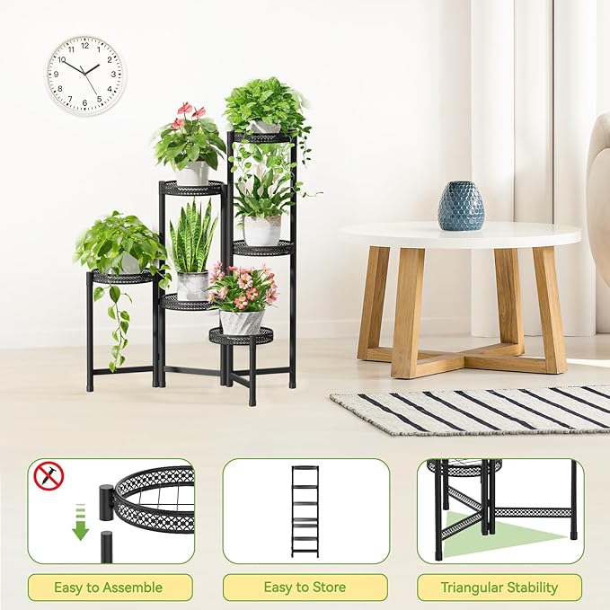 iDavosic.ly Plant Stand Indoor Outdoor, 6 Tier Corner Metal Flower Display Holder Shelf, Folding Tall Orchid Rack for Patio Balcony Porch Garden Living Room House, Wrought Iron - Modern Black iDavosicly