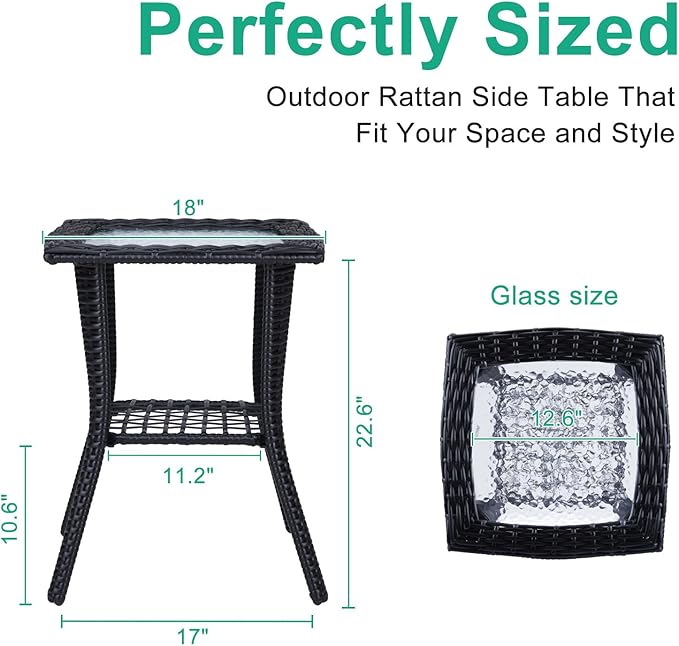 VINGLI Outdoor Side Table with Storage Wicker Patio Side Table, Tempered Glass Top End Table for Balcony Porch Deck (Black) VINGLI
