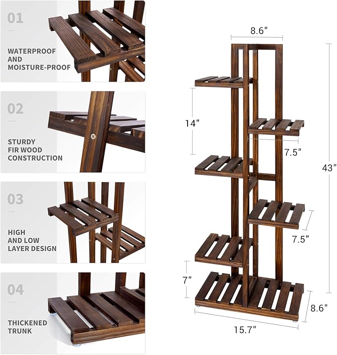 Mkono Wood Plant Stand 6 Tier 7 Potted Plant Shelf Indoor Outdoor Tall Multi-tiered Flower Pot Holder Modern Ladder Storage Rack Display Planter for Patio Garden Corner Balcony Living Room, Brown Mkono