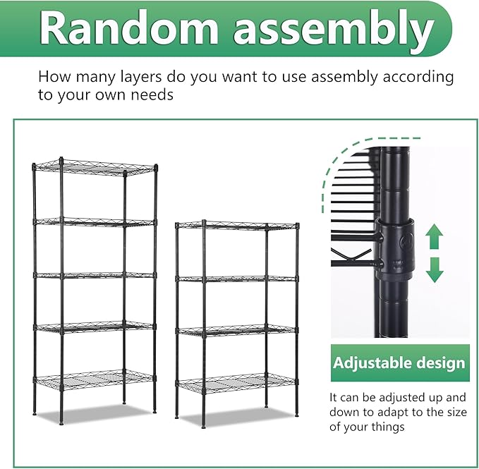 BestOffice | 5-Tier Wire Storage Shelves | 22x12x48 | Black | with Adjustable Racks | Heavy-Duty Metal Shelf, Holds Upto 750 lbs | No-Tool Assembly | Ideal for Home & Garage Shelving BestOffice