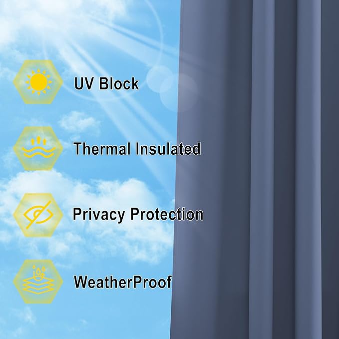 NICETOWN Outdoor Curtains for Patio W100 x L95 inch 2 Pieces, Sun Blocking Screen Shades 100% Privacy for Porch, Pergola, Lanai, Outside Deck, Weatherproof Blinds for All Season, Stone Blue NICETOWN