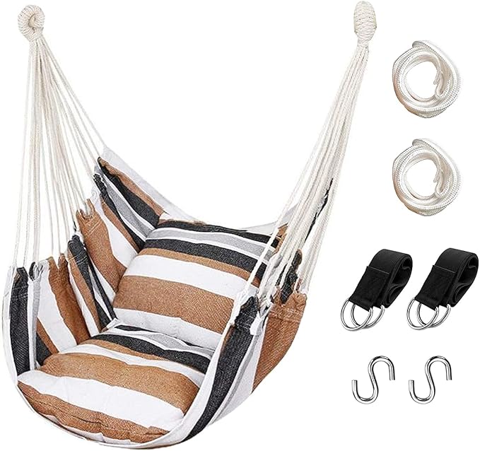 Hommtina Hammock Chair Hanging Rope Swing, Max 300 Lbs Hanging Chair with Pocket & Durability Perfect for Outdoor, Home, Bedroom, Patio, Yard (Pillows NOT Included,Khaki) Hommtina