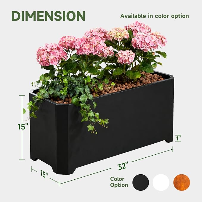 Steel Planter Box-32"x15"x15"-Rectangular Planters for Outdoor Plants, Black Matel Planter Box Raised Support Feet for Patio, Deck, Garden, Yard, Drain Holes, Easy Assembly GJWCVLOUTDOORLIFESELLER