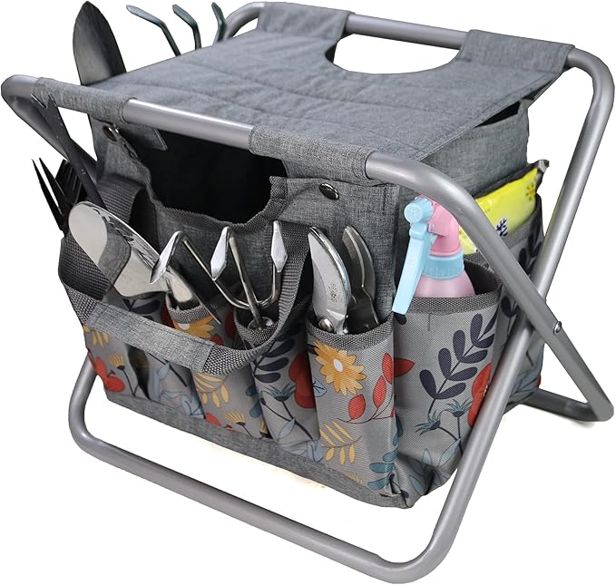 MDSTOP Folding Gardening Stool with Detachable Storage Tote Bag, Gardening Tools Set Organizer for Fishing Outdoor Sports Hiking Camping Garden, Gardening Gifts for Mom/Dad, Without Tools (Aluminum) MDSTOP