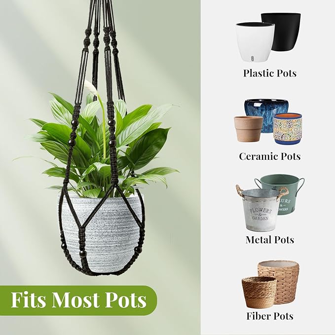 Macrame Plant Hanger Indoor Set of 4 with 8 Hooks, Indoor Outdoor Hanging Planter for Plants Holder with Decorative Wood Beads & No Tassels, Boho Home Decor, 35 Inch Black (Pots Not Included) Rootora