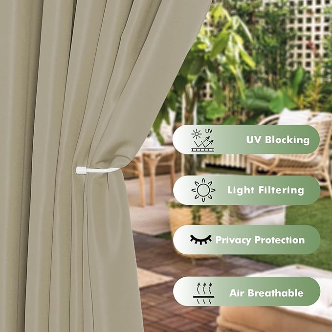 HolidayIdeas Outdoor Curtains for Patio Waterproof, 6 Panels - 54x95 Inches - Weatherproof Privacy Outsides Curtains for Cabana Porch Pergola, Sunlight & UV Blocking (Taupe, Grommet Top) HolidayIdeas