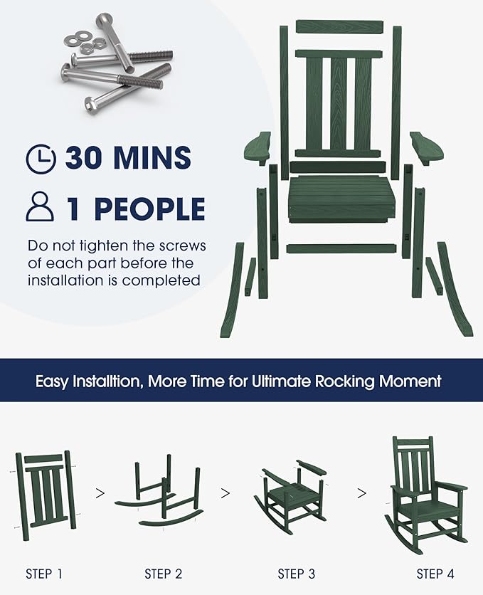 KINGYES Oversized Outdoor Rocking Chair Set of 2, All-Weather Patio Rocking Chairs for Porch, HDPE Outdoor Patio Rockers with High Back & Wide Seat for Garden, Lawn, Green KINGYES