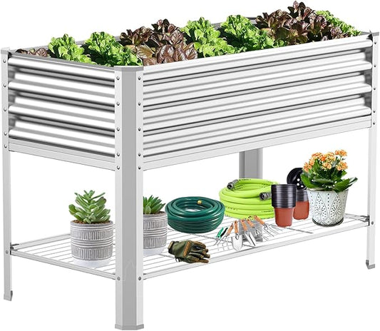Raised Garden Bed with Legs, Galvanized Raised Planter Box with Storage Shelf and Drainage Holes, 48×24×32 Inch Large Metal Garden Bed Kit for Balcony, Backyard, Patio Lasts for Years of Use. COATTOA