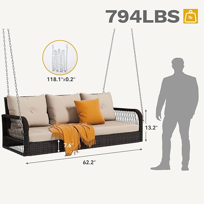 DWVO 3 Seats Porch Swing Hanging Bench Swing Outdoor Wicker Patio Swing Lounge Front Rattan 794lbs for Garden, Balcony, Brown&Beige DWVO