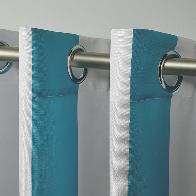 Exclusive Home Canopy Stripe Indoor/Outdoor Grommet Top Curtain Panel, 54"x108", Teal / White, Set of 2 Exclusive+Home