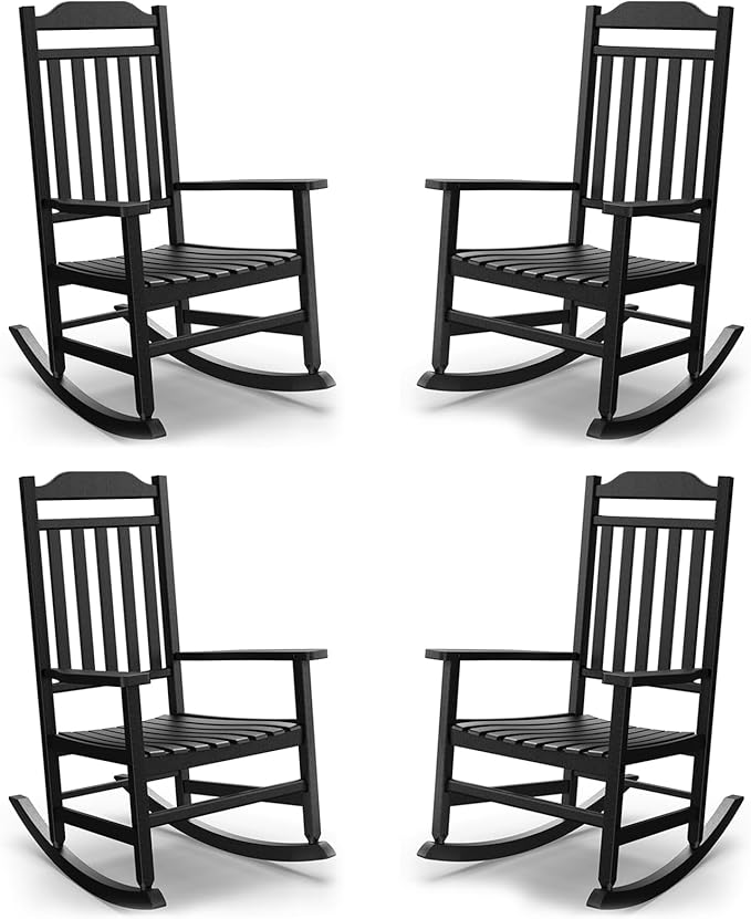 Patio Rocking Chair Outdoor Set of 4,Weather Resistant Poly Resin Oversized Porch Rocker,High Back Smooth Design,350lb Weight Capacity,Indoor Outdoor Use(4, Black) GYMHILL