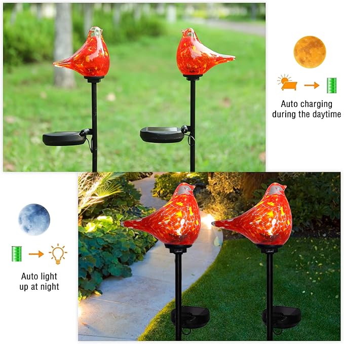 Bshine Solar Garden Decoration Outdoor Cardinal Lights, Hand Blown Glass Waterproof Solar Light Stake Red Cardinal Decorate Paths, Pathways, Lawns and Yards Art for Mom Gift, 2 Pack Bshine