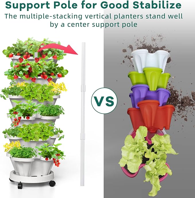 6 Tiered Strawberry Vertical Planters, Stacking Tower Garden with Support Pole, Stackable Herb Vegetable Planters Indoor and Outdoor - White Tectsia