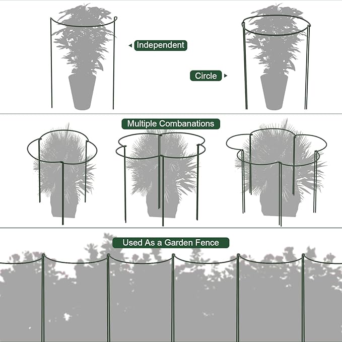 FEED GARDEN 8 Pack Plant Support Stakes, Peony Cages and Supports, Metal Garden Plant Stake(10" Wide x 16" High) Green Half Round Plant Support Rings for Outdoor Indoor Plants, Tomato, Hydrangea FEEDGARDEN