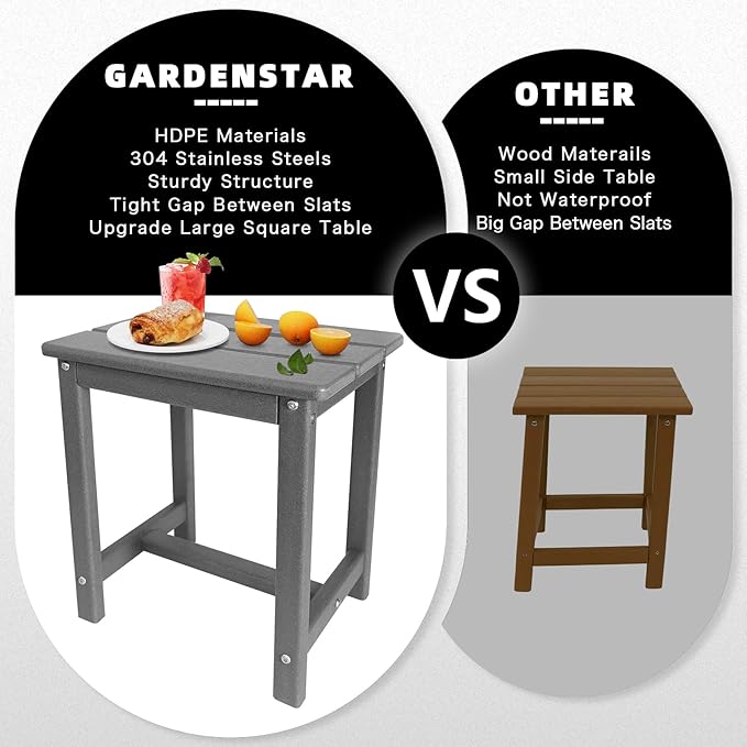 Adirondack Square Side Table,one-Tier Outdoor end Table, Patio Side Table for Pool,Porch,Backyard,Relaxing Companion (Grey) GARDENSTAR
