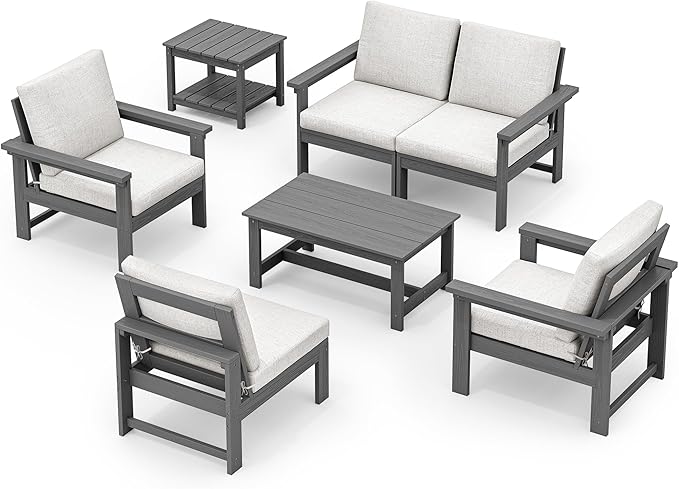 SERWALL HDPE Patio Furniture Set, 7-piece Outdoor Sectional Sofa Set, All Weather Outdoor Couch Set for Deck, Lawn, Grey Frame with Khaki Cushion SERWALL