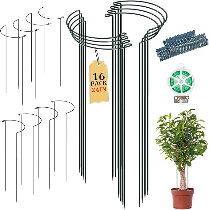 16 Pack 24 inch Plant Support Stakes, Half Round Peony Cage and Support, Adjustable Plant Support Stand with Clips & Twist Tie Garden Stakes for Indoor Outdoor, Heavy Duty Plant Support Ring Linyona