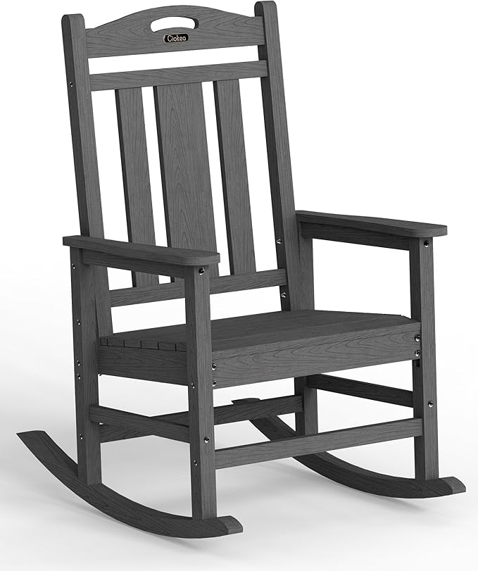 Ciokea Oversized Outdoor Rocking Chair, 380lbs Heavy-Duty Large Patio Rocker, Weather Resistant & Anti-Fade Porch Chair, High Back Cozy Rocking Chair for Outside, Fire Pit, Deck, Garden, Dark Grey CIOKEA