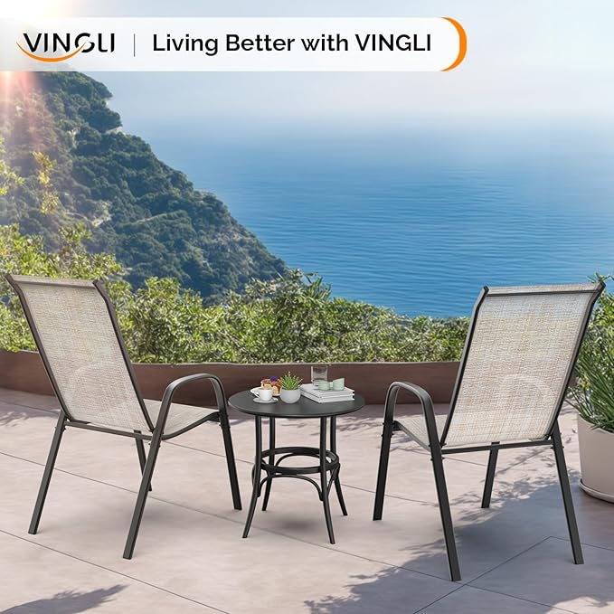 VINGLI Patio Chairs Set of 2 – Stackable Outdoor Dining Chairs with Comfortable Sling High Back Chairs and Armrests for Lawn, Poolside, Courtyard, Balcony, Garden, Yellow VINGLI