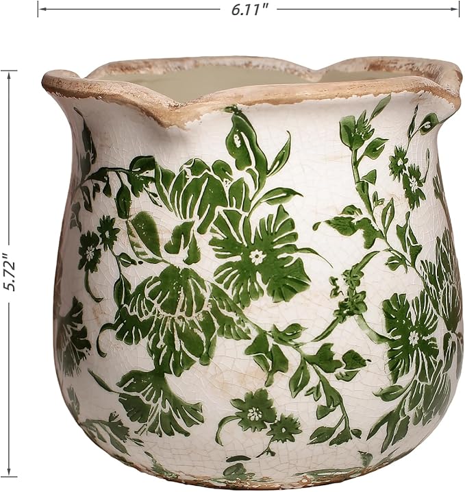 Tuscan Ceramic Plant Pots, 6.11 Inch Vintage Planters with Drainage Hole for Indoor Plants, Farmhouse Green Scroll Vase & Flower Pots, Home Kitchen Garden Decor, Plant Lover Gifts XiaanJiaju