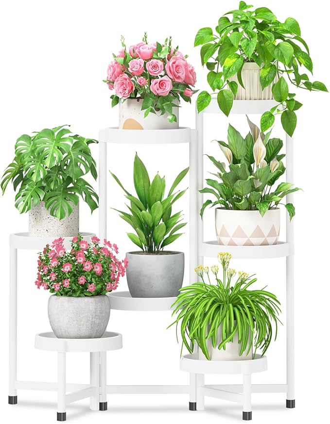 iDavosic.ly 7 Tier Folding Plant Stand Indoor Outdoor with Plastic Tray, Tiered Corner Flower Holder Shelf, Metal Orchid Display Rack for Patio Porch Living Room Garden Balcony, White iDavosicly