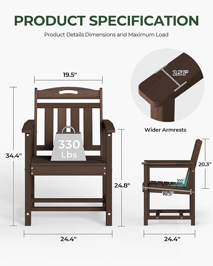 Set of 2 Weatherproof Patio Chairs - HDPE Outdoor Dining Chairs with Wide Seat, Ergonomic Design - for Garden, Backyard, Deck - Brown Suunyn