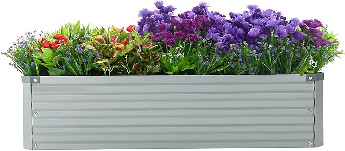 2 Pack 4x2x1FT Galvanized Raised Garden Bed Kit, Outdoor Metal Planter Box for Vegetables, Bottomless Rectangular Gardening Bed with Support Rods, Tool-Free Assembly, Gray Meberam