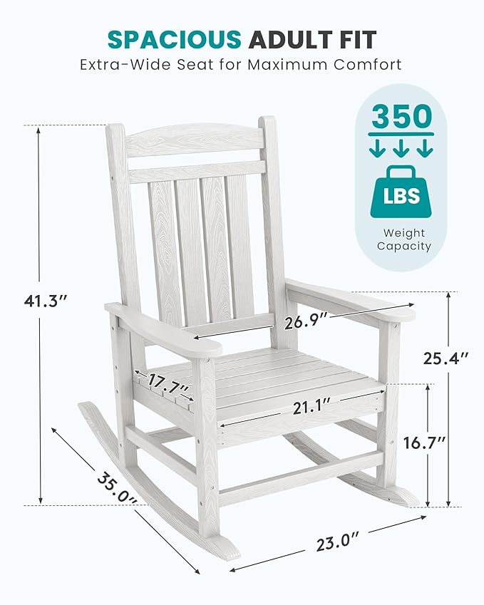SERWALL Outdoor Rocking Chairs Set of 2, Oversized HDPE Porch Rockers for Adults, All-Weather Composite Patio Rocking Chairs, White SERWALL