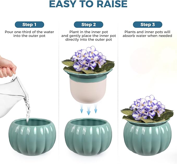 BUYMAX African Violet Pots, 6 inch Pumpkin-Style Ceramic Easy Self Watering Plant Pot for Busy Plant Lovers, Automatically Absorb Appropriate Amount of Water, Flower Pot Indoor-Plants Not Included BUYMAX