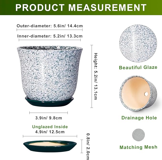 5.6 Inch Plant Pot - Ceramic Plant Pots for Indoor Outdoor, Round Orchid Succulent Pots with Drainage Hole and Saucer, Modern Flower Pot, Home Office Decor, Green-White SUNPOTFOR