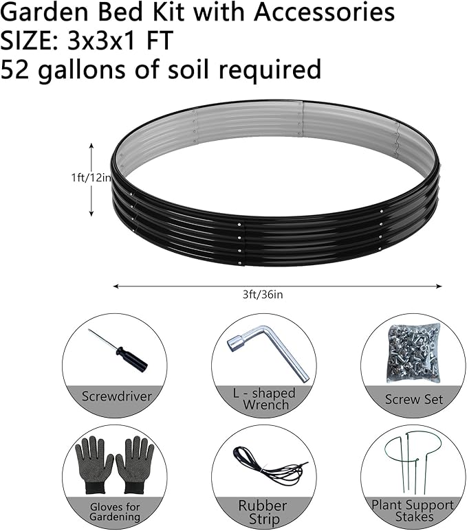 Galvanized Metal Planter Round Raised Garden Bed Kit for Gardening Outdoor，3x3x1ft 2PC Grow Garden Box Raised Flower Bed，Round Galvanized Planter Outdoor Large Metal Fire Pit Ring Black ZFHgarden